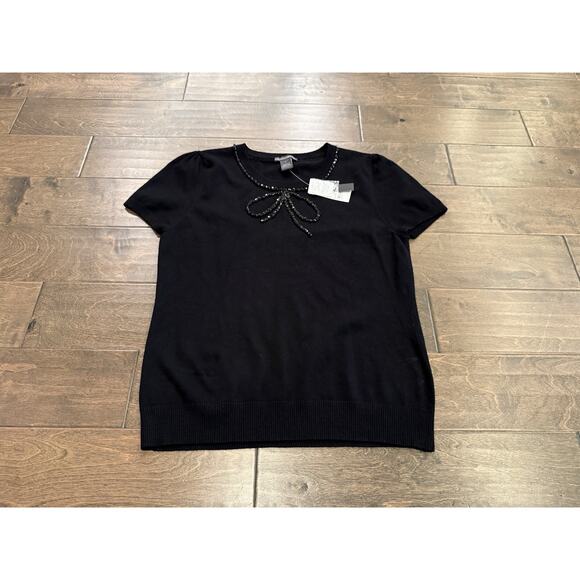 Chelsea & Theodore Womens Black Bow Tie Fixture Short Sleeve Shirt L NWT $68 - Picture 2 of 8